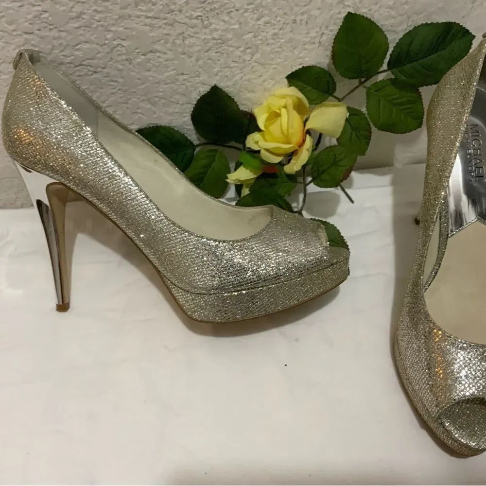 MICHAEL KORS Silver Sparkle Glitter YORK Platform Peep Toe Pumps Heels 10 M $130